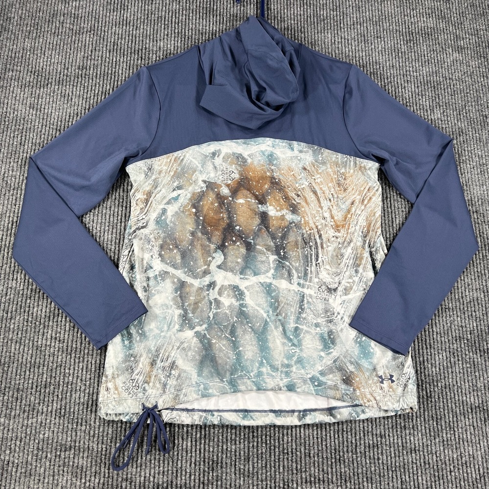 Under Armour Womens Shirt Pullover Medium Blue Real Tree Camo Hooded Loose Fit